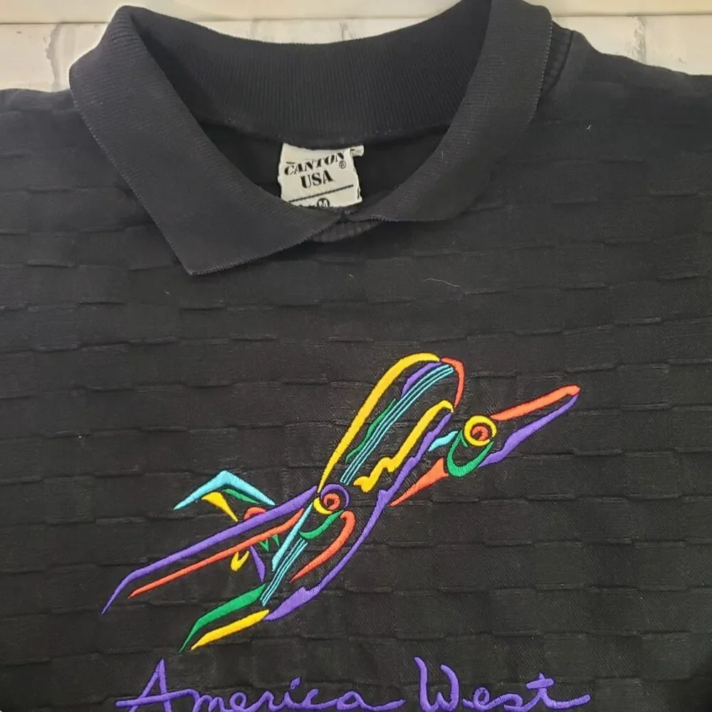 Men's 80s Vintage Retro Black America West Airlines Polo Sweatshirt